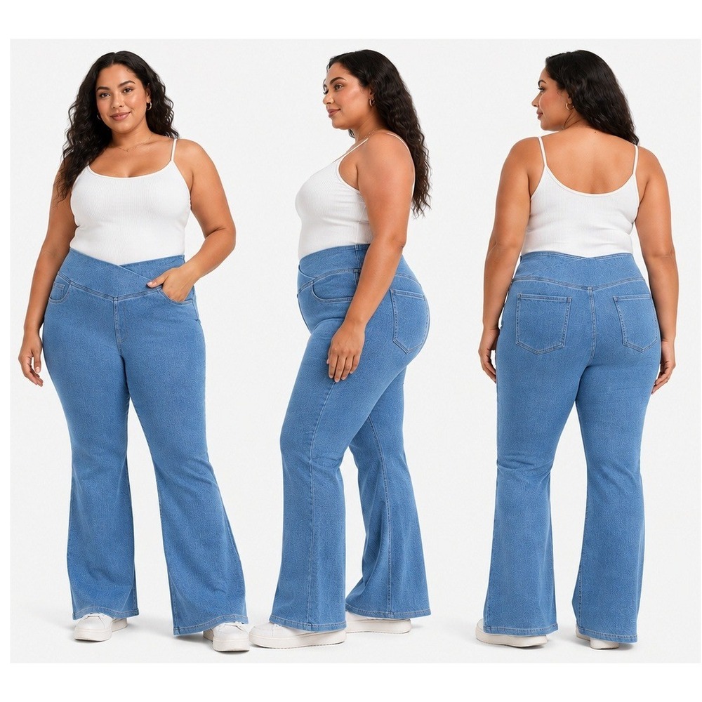 Halara Flex Denim Flare Pants Women 4X Blue Crossover Waist Stretchy Athleisure
